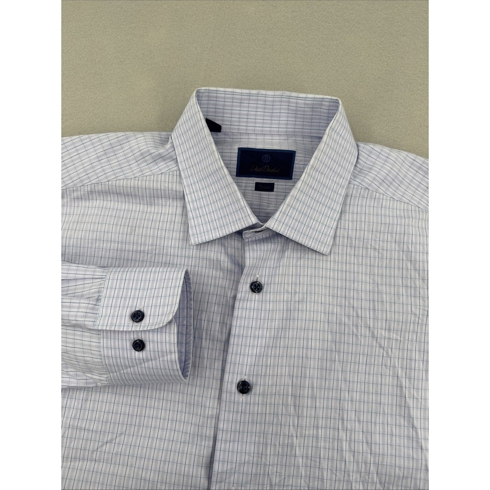 David Donahue‎ Trim Fit Dress Shirt Mens 17.5 34/35 Blue Check Designer Business